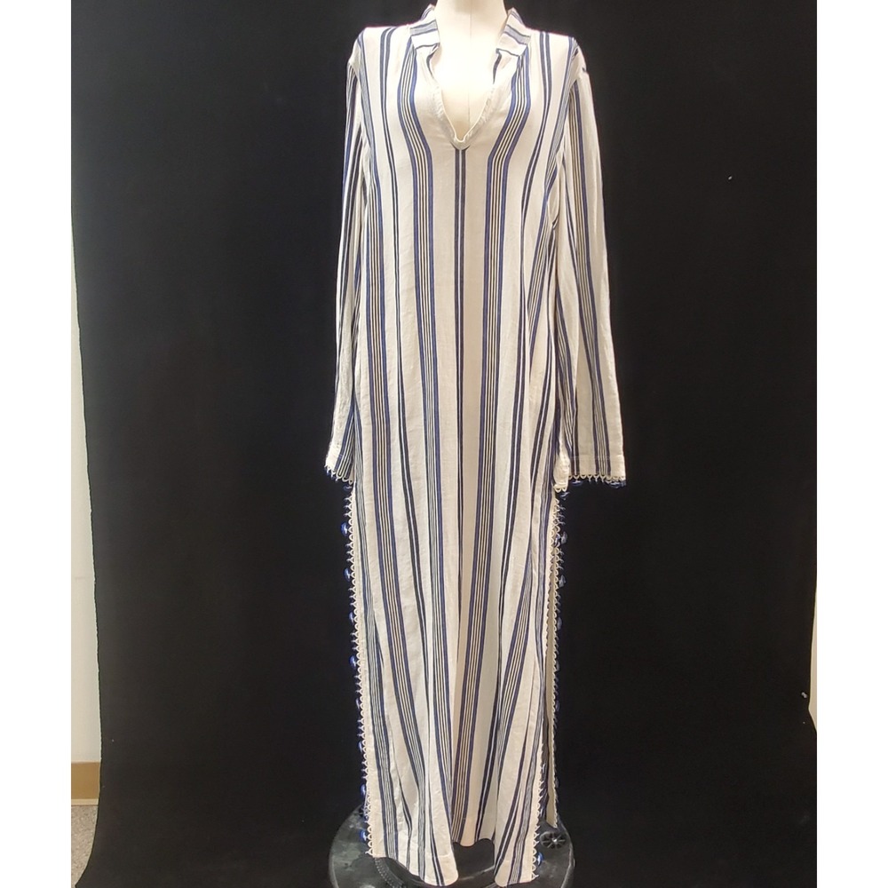 Tory Burch Womens 100% Linen Stephanie Kaftan‎ Maxi Dress Size L Striped Coastal